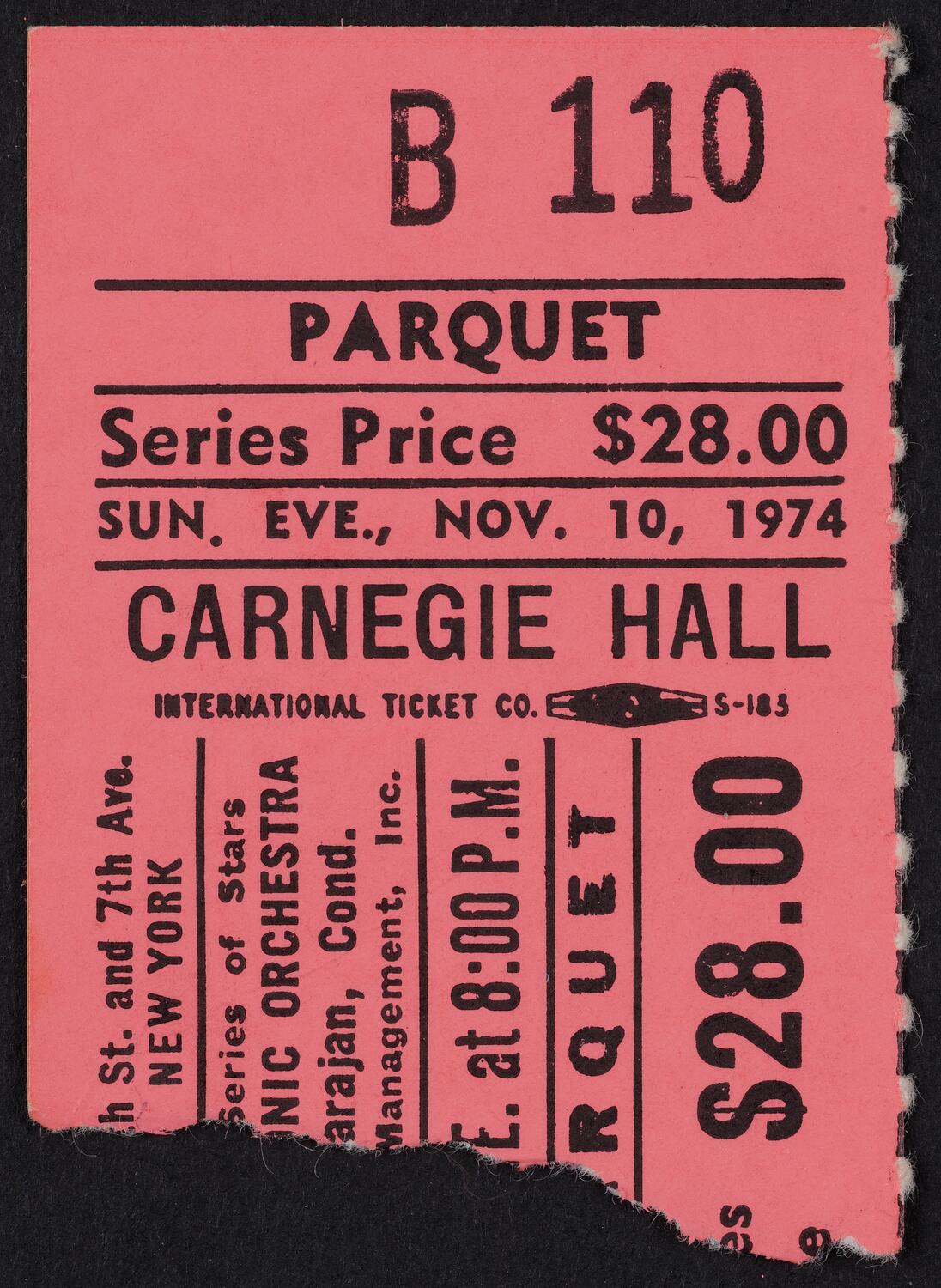 Ticket for Berlin Philharmonic Orchestra, November 10, 1974 (front)