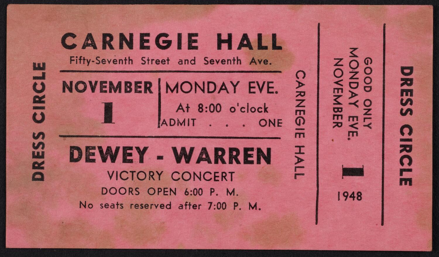 Ticket for Dewey-Warren Victory Concert, November 1, 1948 (front)
