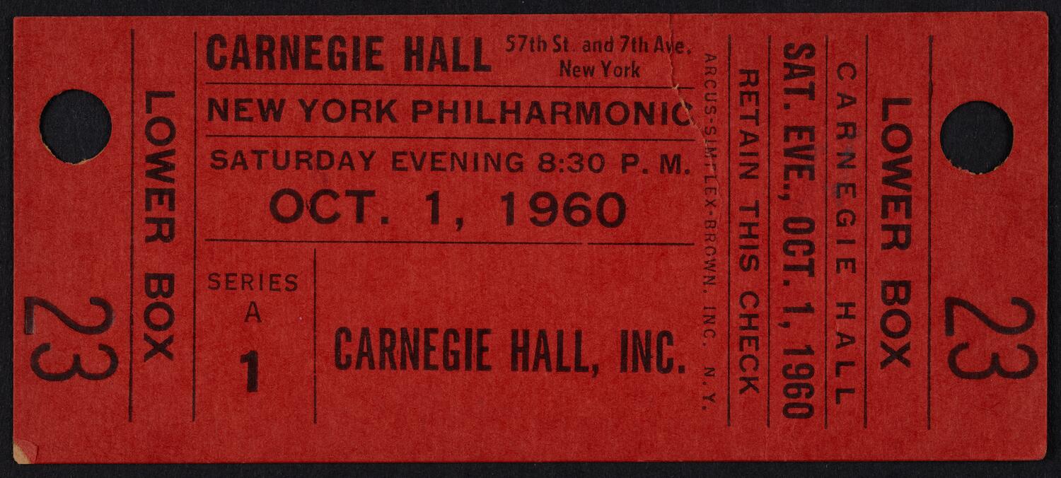 Ticket for New York Philharmonic, October 1, 1960 (front)