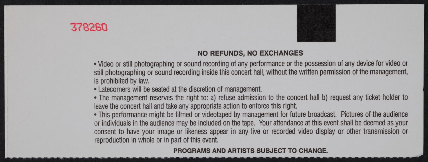 Ticket for Buena Vista Social Club, July 1, 1998 (back)