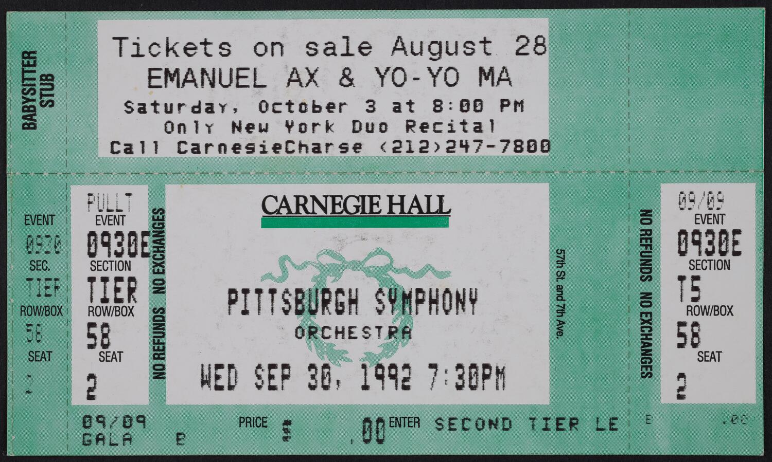 Ticket for Pittsburgh Symphony Orchestra, September 30, 1992 (front)