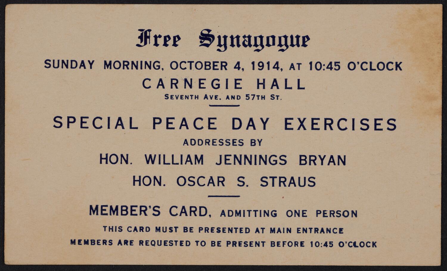 Ticket for Free Synagogue Special Peace Day Exercises, October 4, 1914 (front)