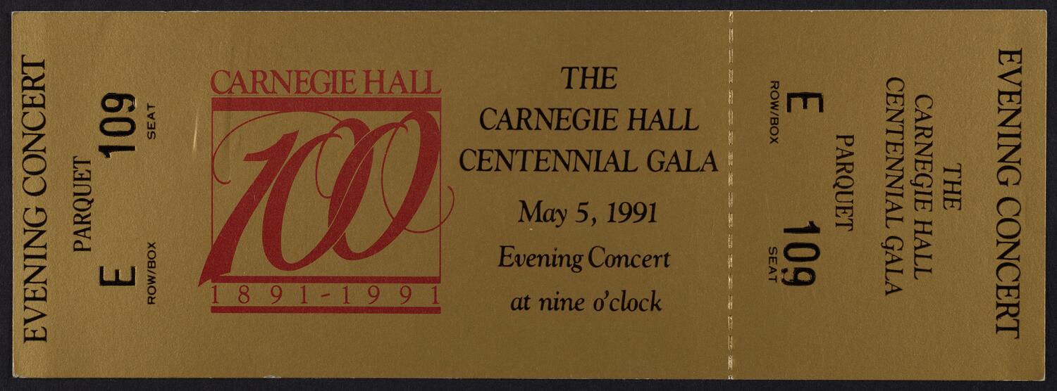 Ticket for the Carnegie Hall Centennial Gala, May 5, 1991 (front)