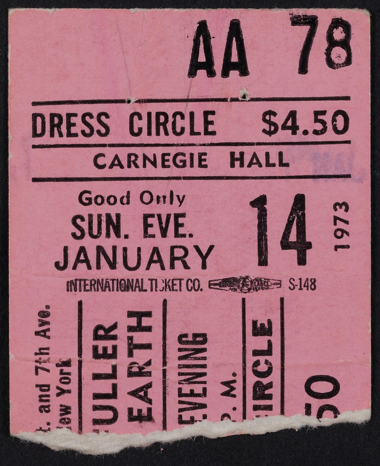 Ticket for Buckminster Fuller, January 14, 1973 (front)