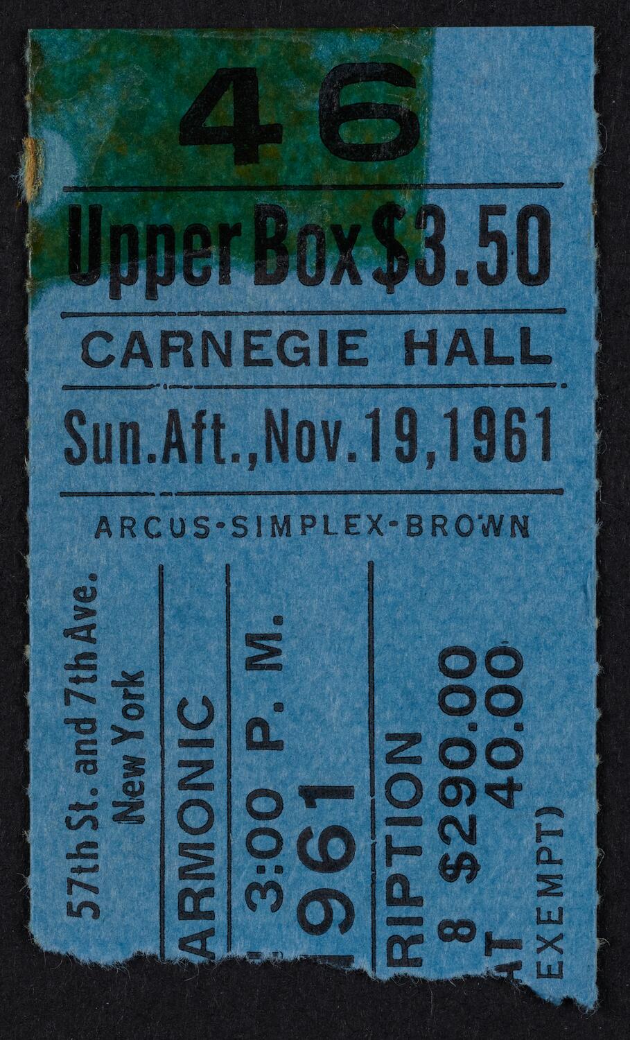 Ticket for New York Philharmonic, November 19, 1961 (front)