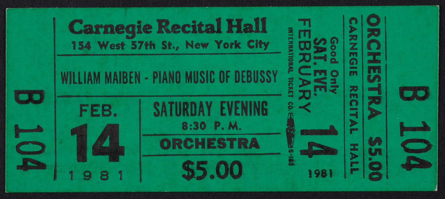 Ticket for William Maiben, February 14, 1981 (front)