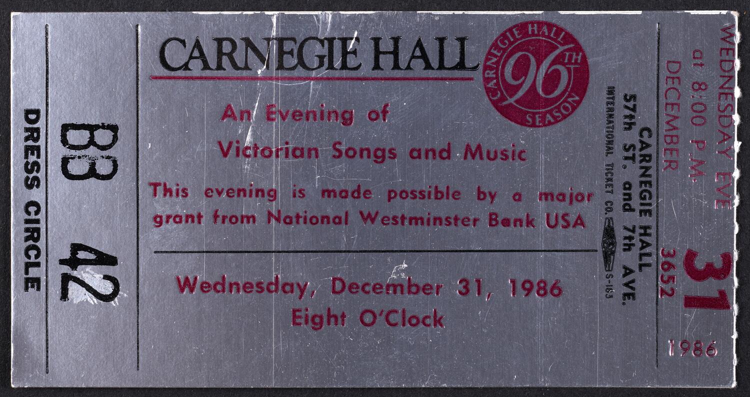 Ticket for An Evening of Victorian Songs and Music, December 31, 1986 (front)