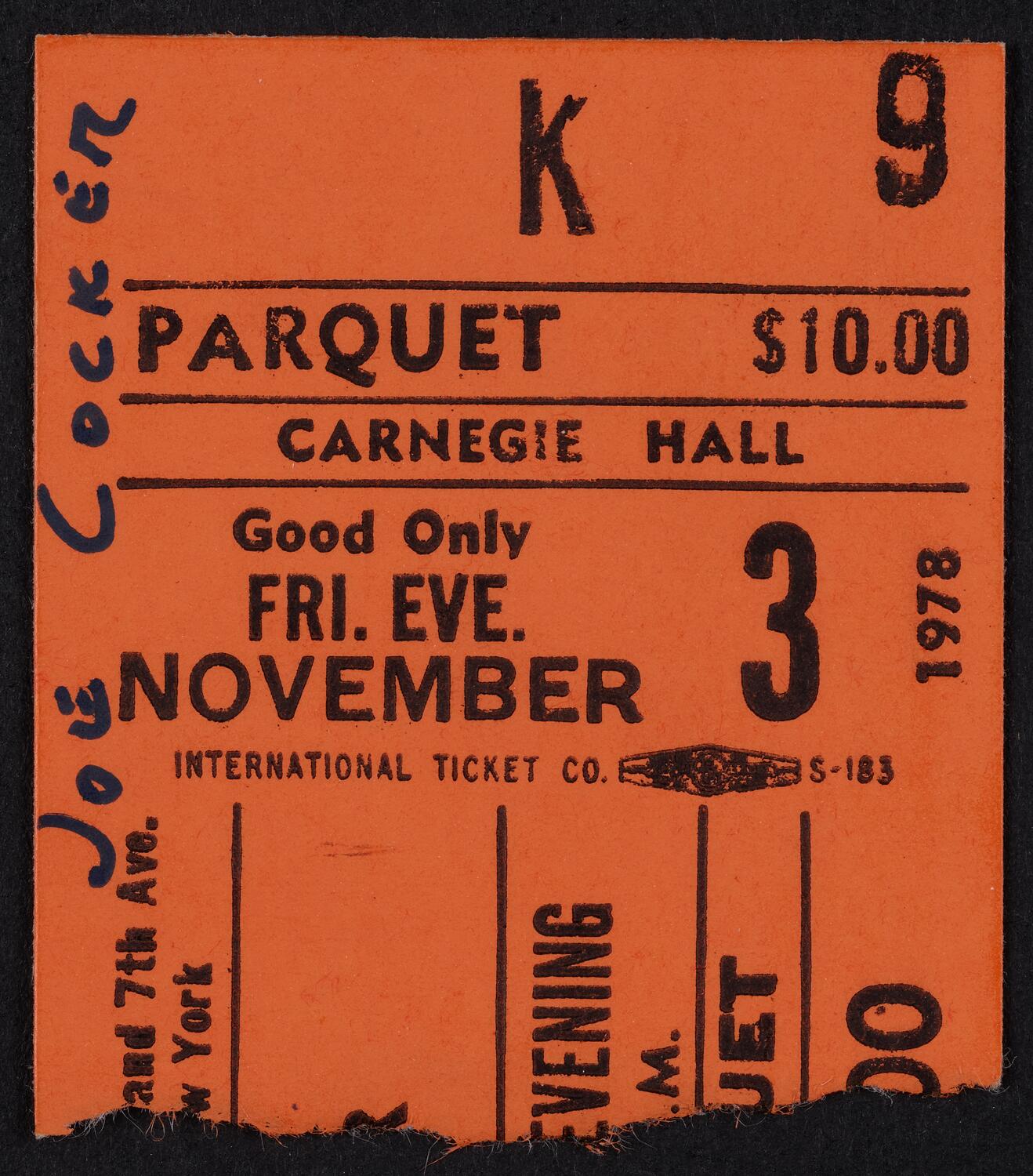 Ticket for Joe Cocker, November 3, 1978 (front)