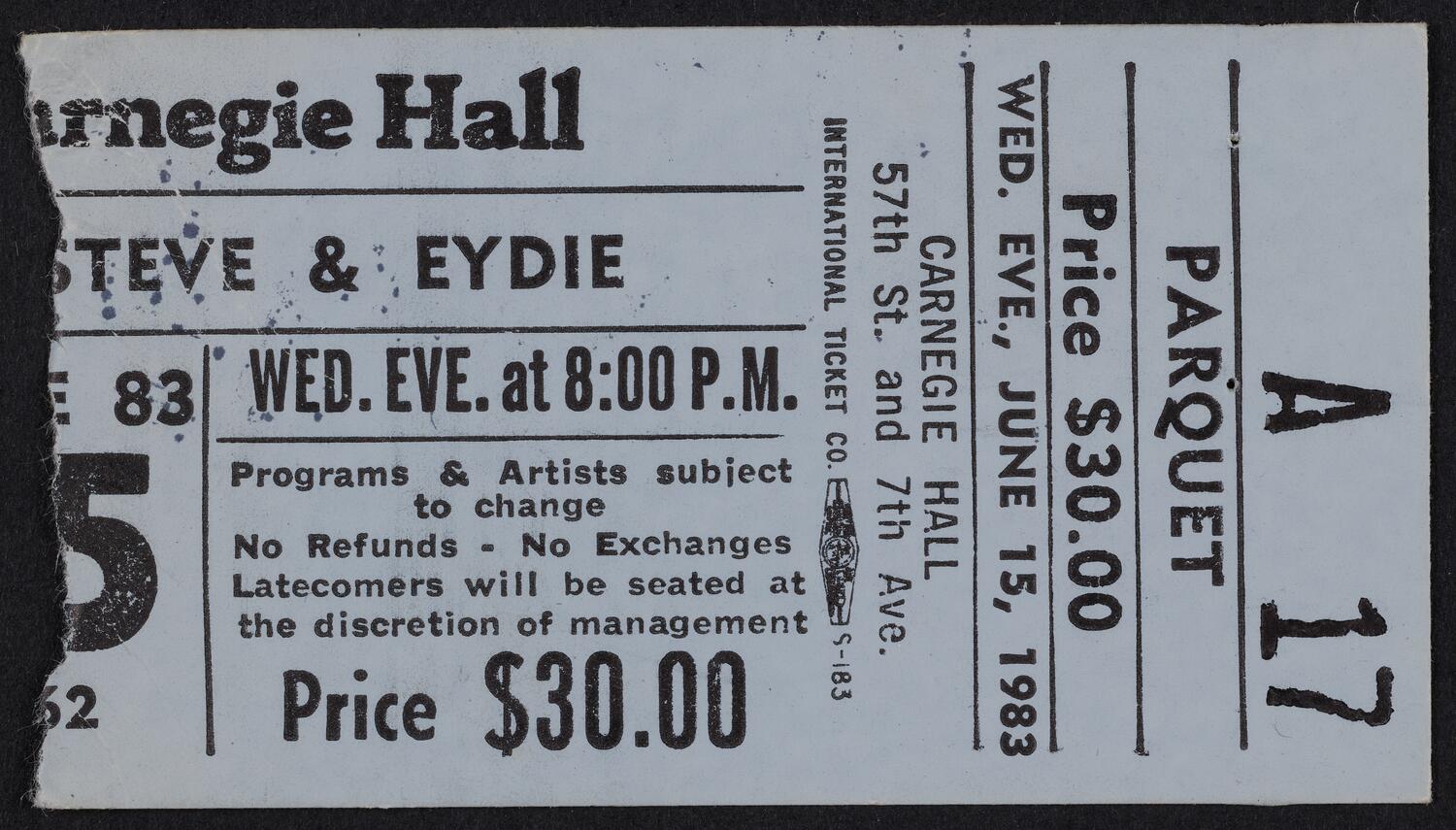 Ticket for Steve & Eydie, June 15, 1983 (front)