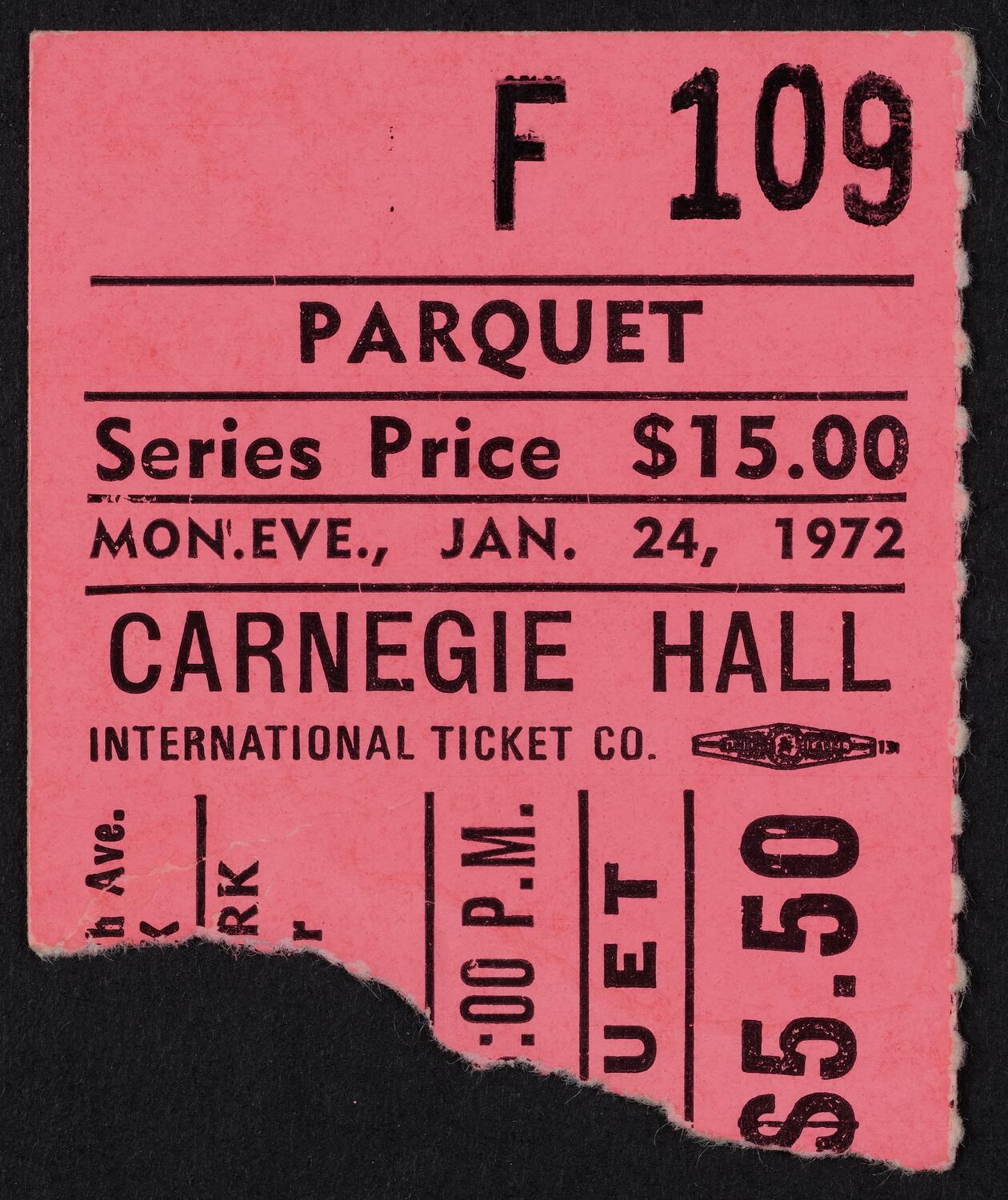 Ticket for Handel Society of New York, January 24, 1972 (front)