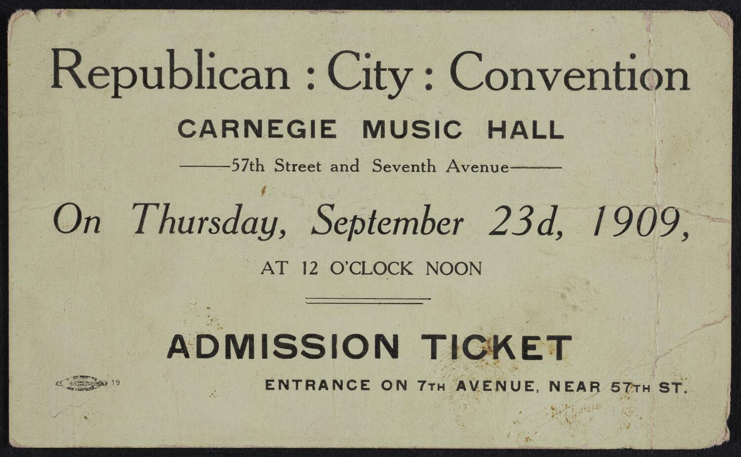 Ticket for Republican City Convention, September 23, 1909 (front)