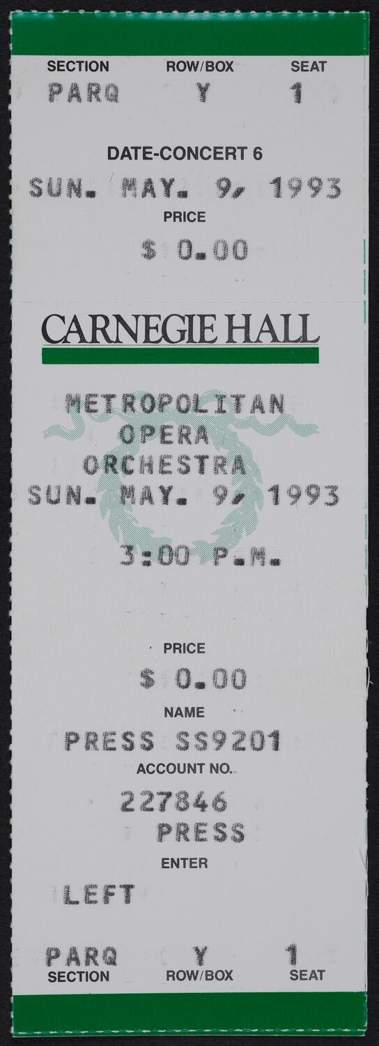 Ticket for Metropolitan Opera Orchestra, May 9, 1993 (front)