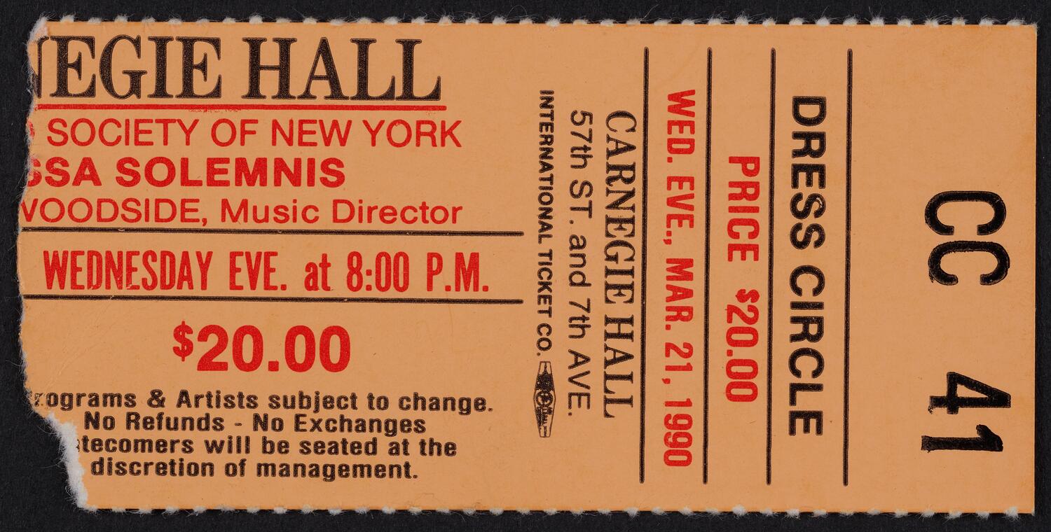 Ticket for Oratorio Society of New York: Missa Solemnis, March 21, 1990 (front)