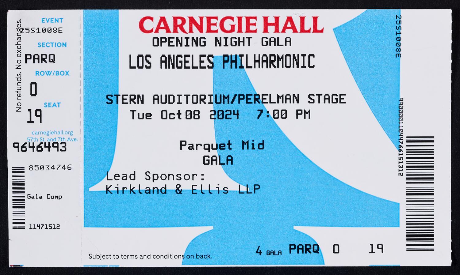 Ticket for Opening Night Gala: Los Angeles Philharmonic, October 8, 2024 (front)