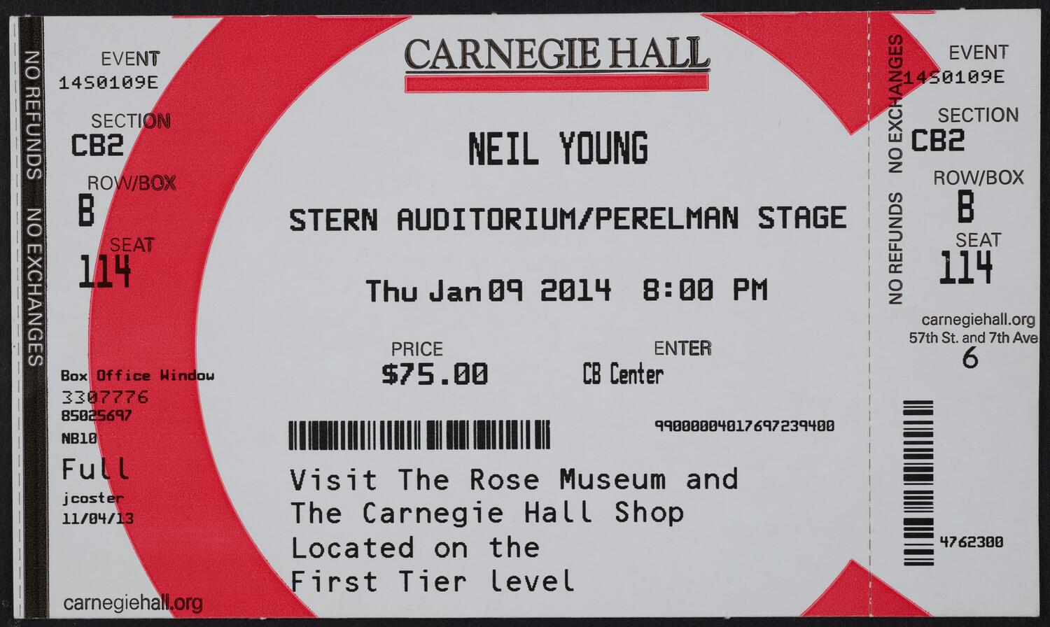 Ticket for Neil Young, January 9, 2014 (front)
