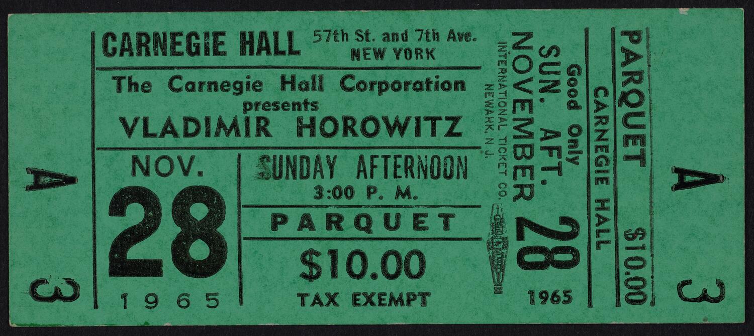 Ticket for Vladimir Horowitz, November 28, 1965 (front)