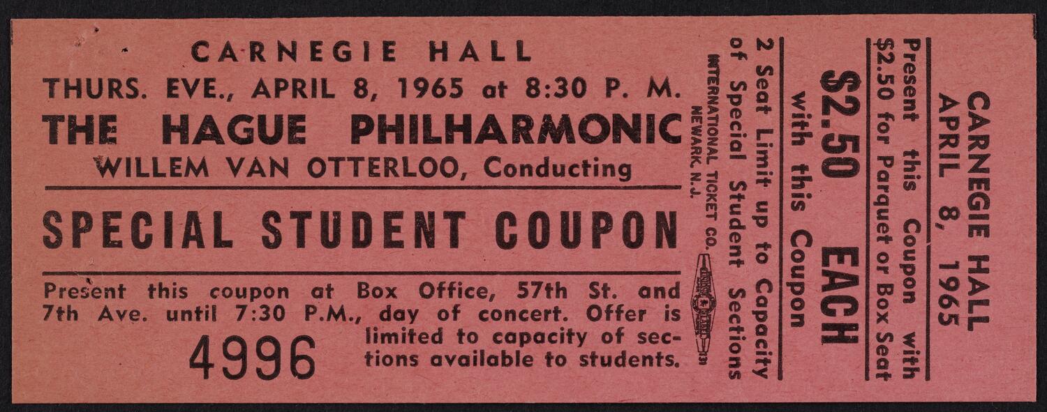 Ticket for The Hague Philharmonic, April 8, 1965 (front)