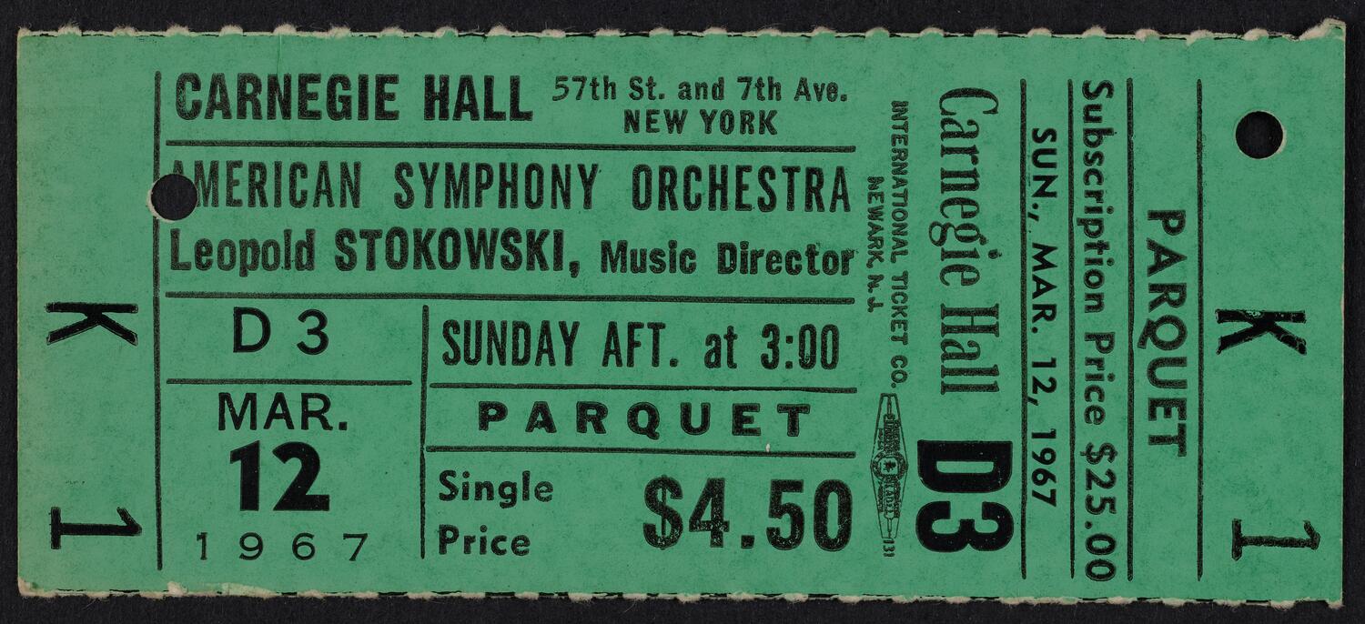 Ticket for American Symphony Orchestra, March 12, 1967 (front)
