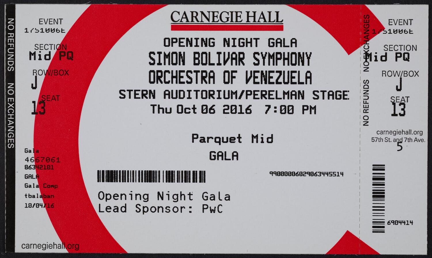 Ticket for Opening Night Gala: Simón Bolívar Symphony Orchestra of Venezuela, October 6, 2016 (front)