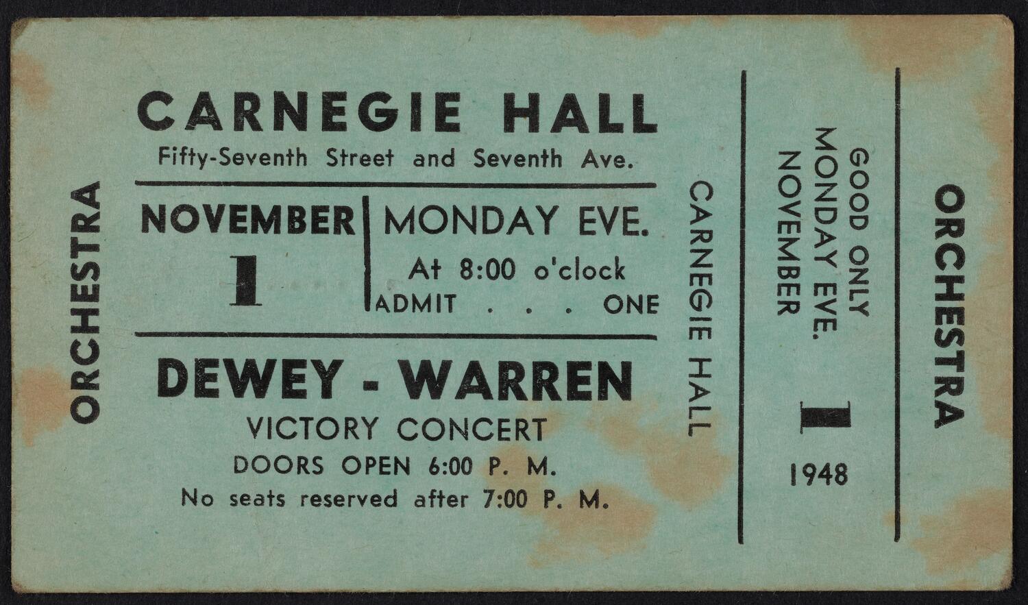 Ticket for Dewey-Warren Victory Concert and Rally, November 1, 1948 (front)