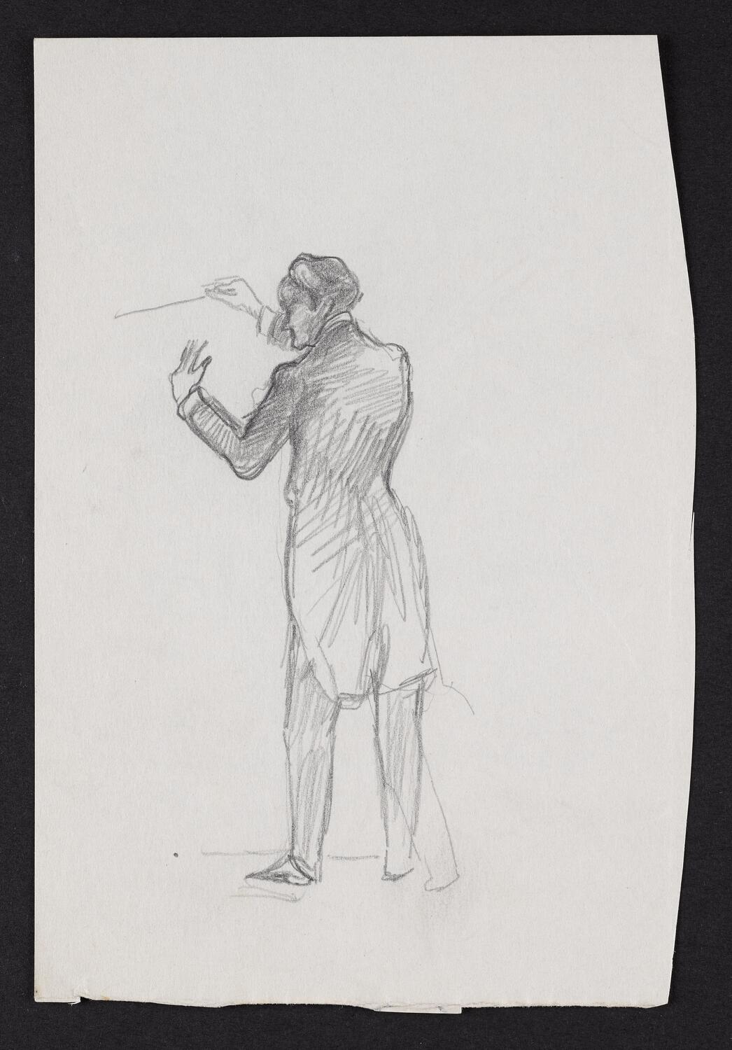 Sketch of figure conducting, in profile facing left