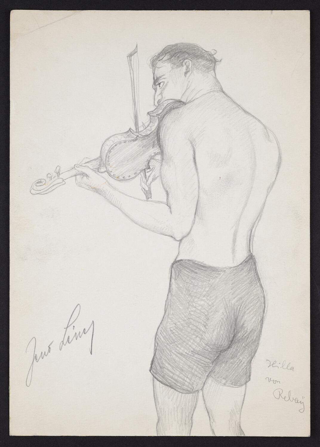 Sketch of Jenö Léner playing the violin, in profile facing left