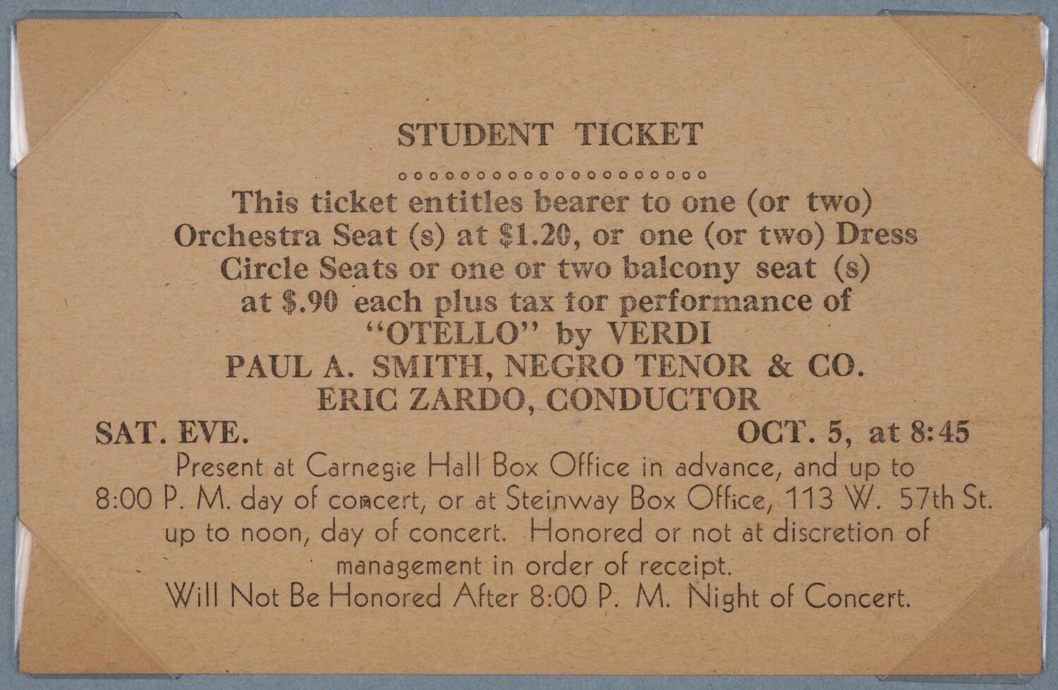 Ticket for "Otello" by Verdi, October 5, 1946 (front)