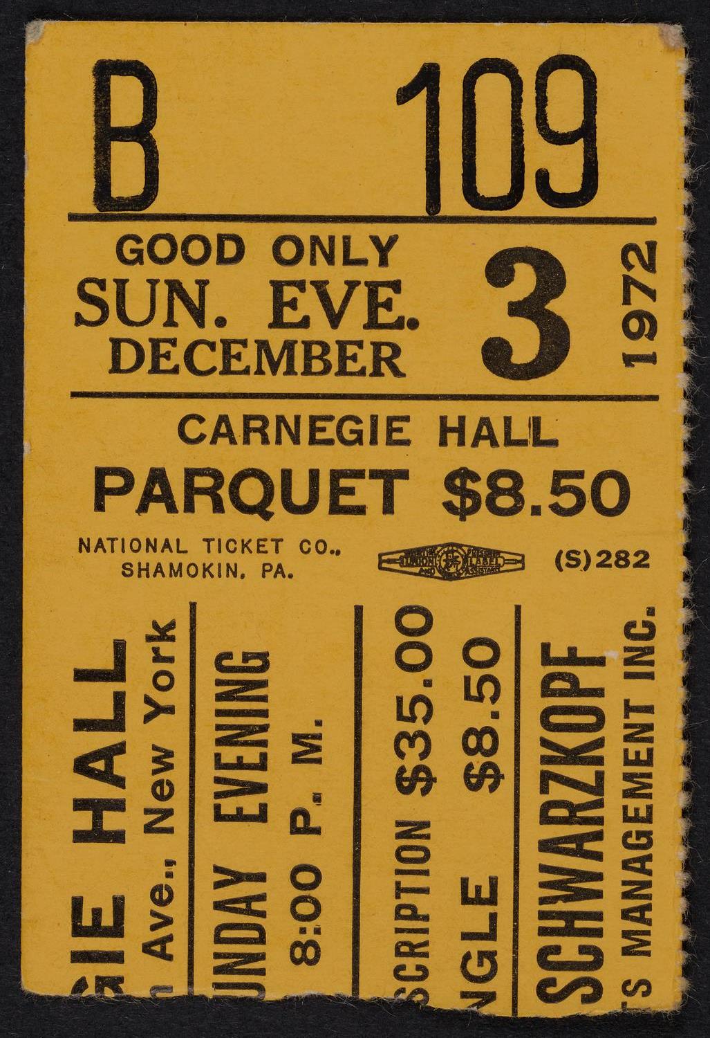 Ticket for Elisabeth Schwarzkopf, December 3, 1972 (front)