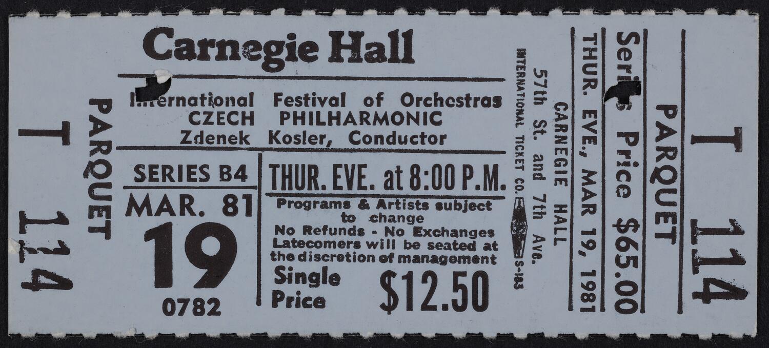 Ticket for Czech Philharmonic, March 19, 1981 (front)