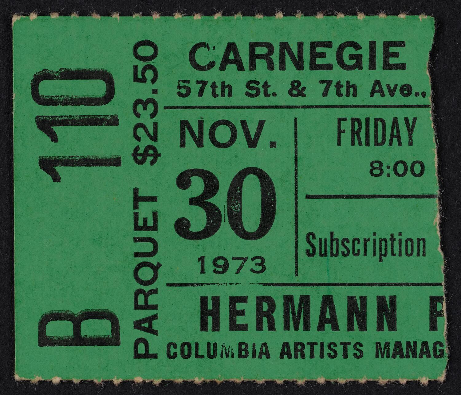 Ticket for Hermann Prey, November 30, 1973 (front)
