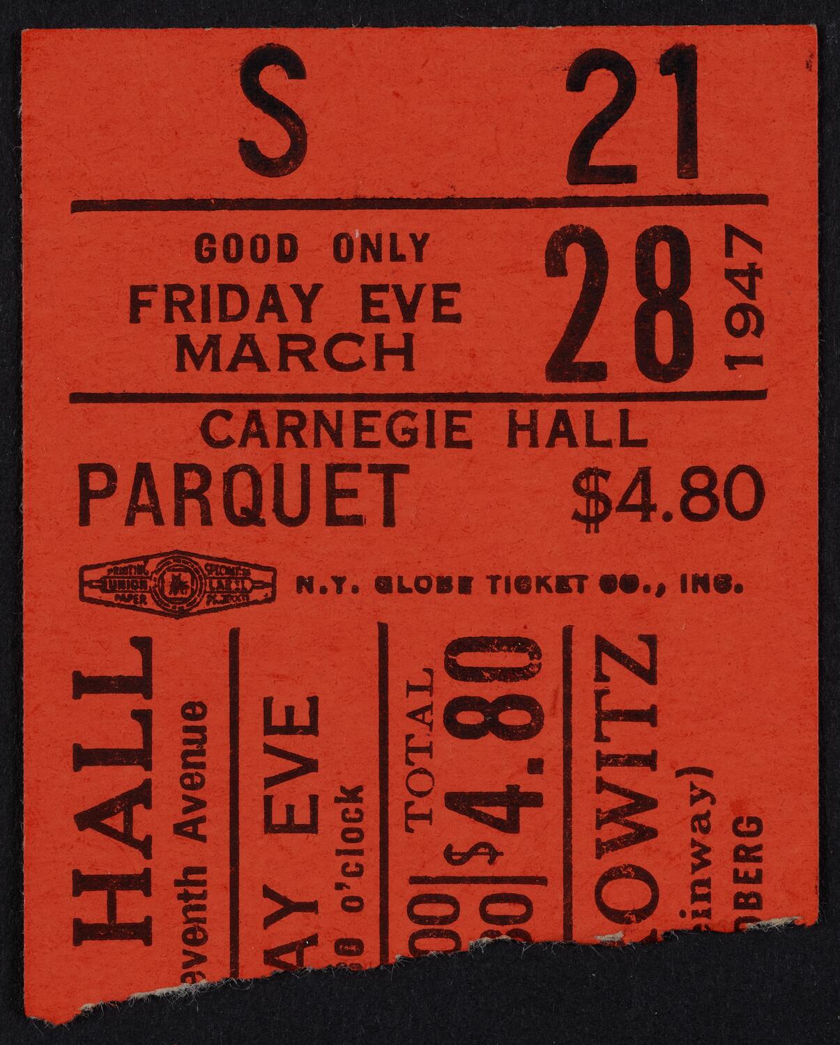 Ticket for Vladimir Horowitz, March 28, 1947 (front)