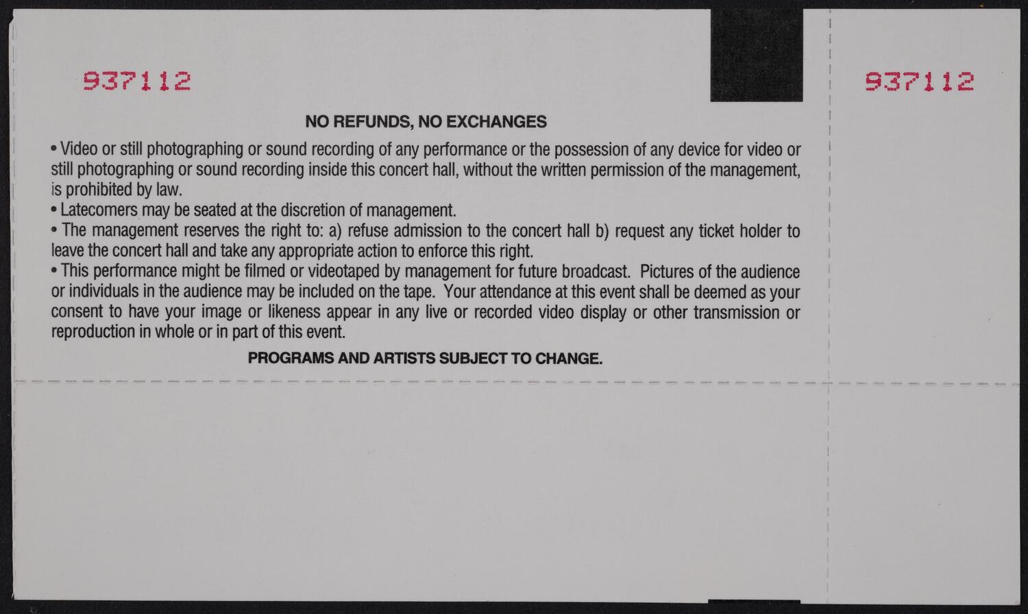 Ticket for Isaac Stern: In Loving Memory, October 30, 2001 (back)