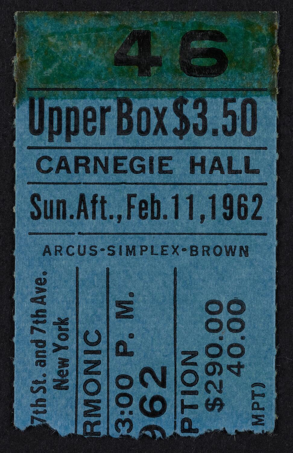 Ticket for New York Philharmonic, February 11, 1962 (front)