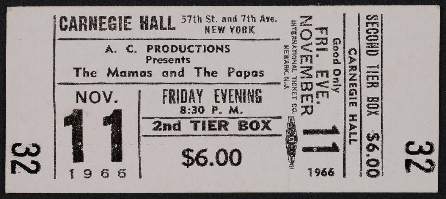 Ticket for The Mamas and The Papas, November 11, 1966 (front)