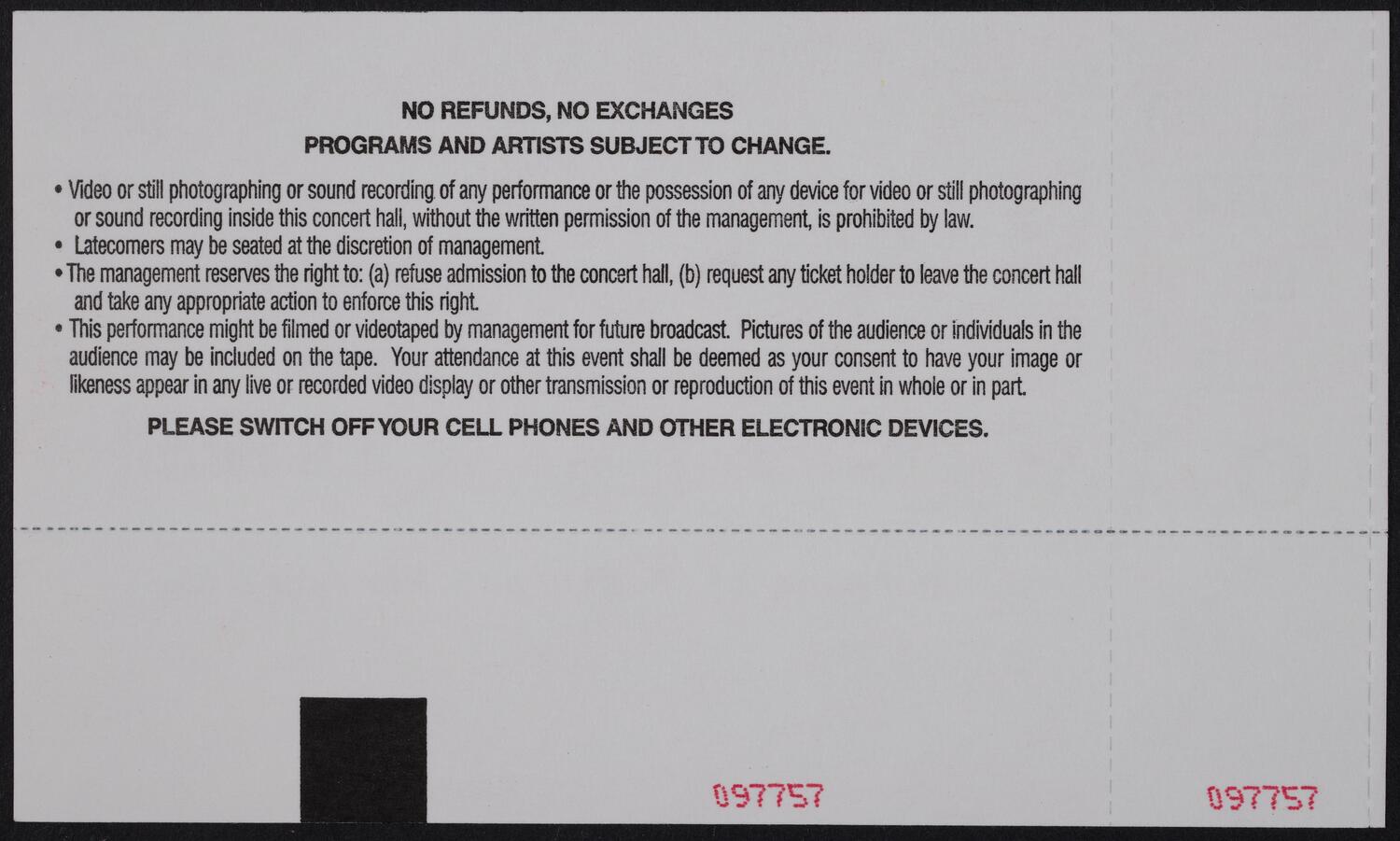 Ticket for Arthur Zankel: In Loving Memory, December 5, 2005 (back)