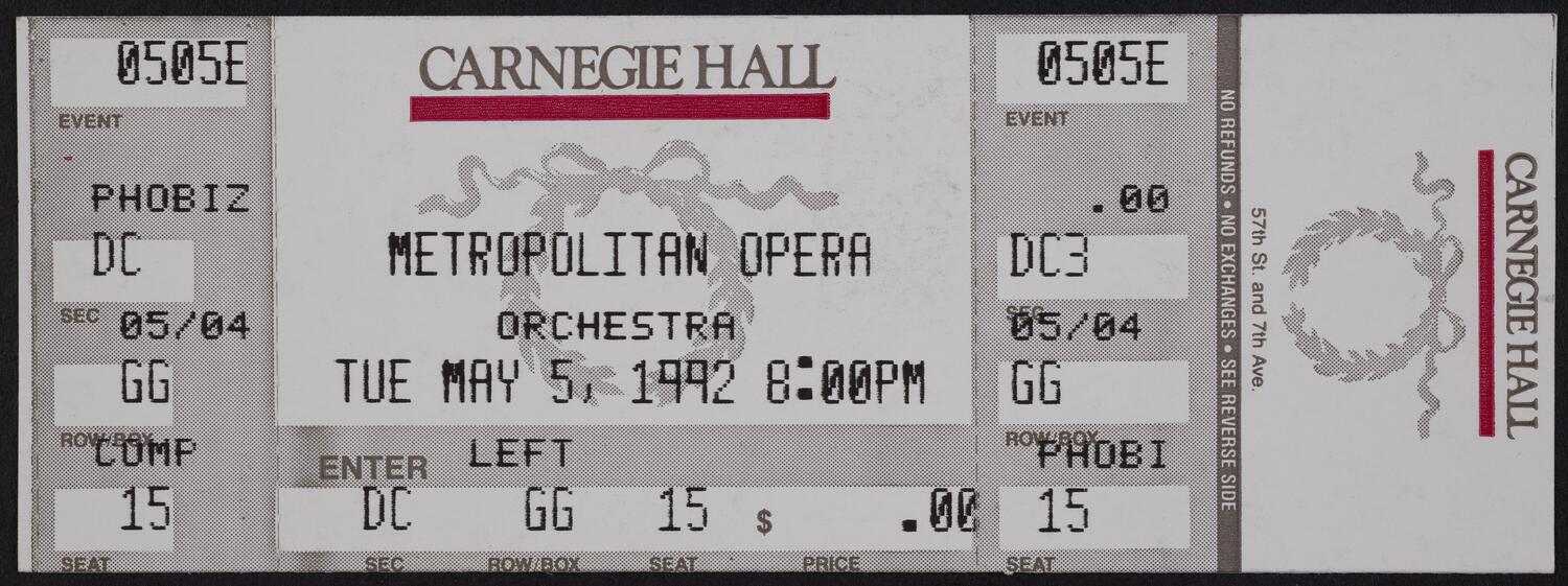 Ticket for Metropolitan Opera Orchestra, May 5, 1992 (front)