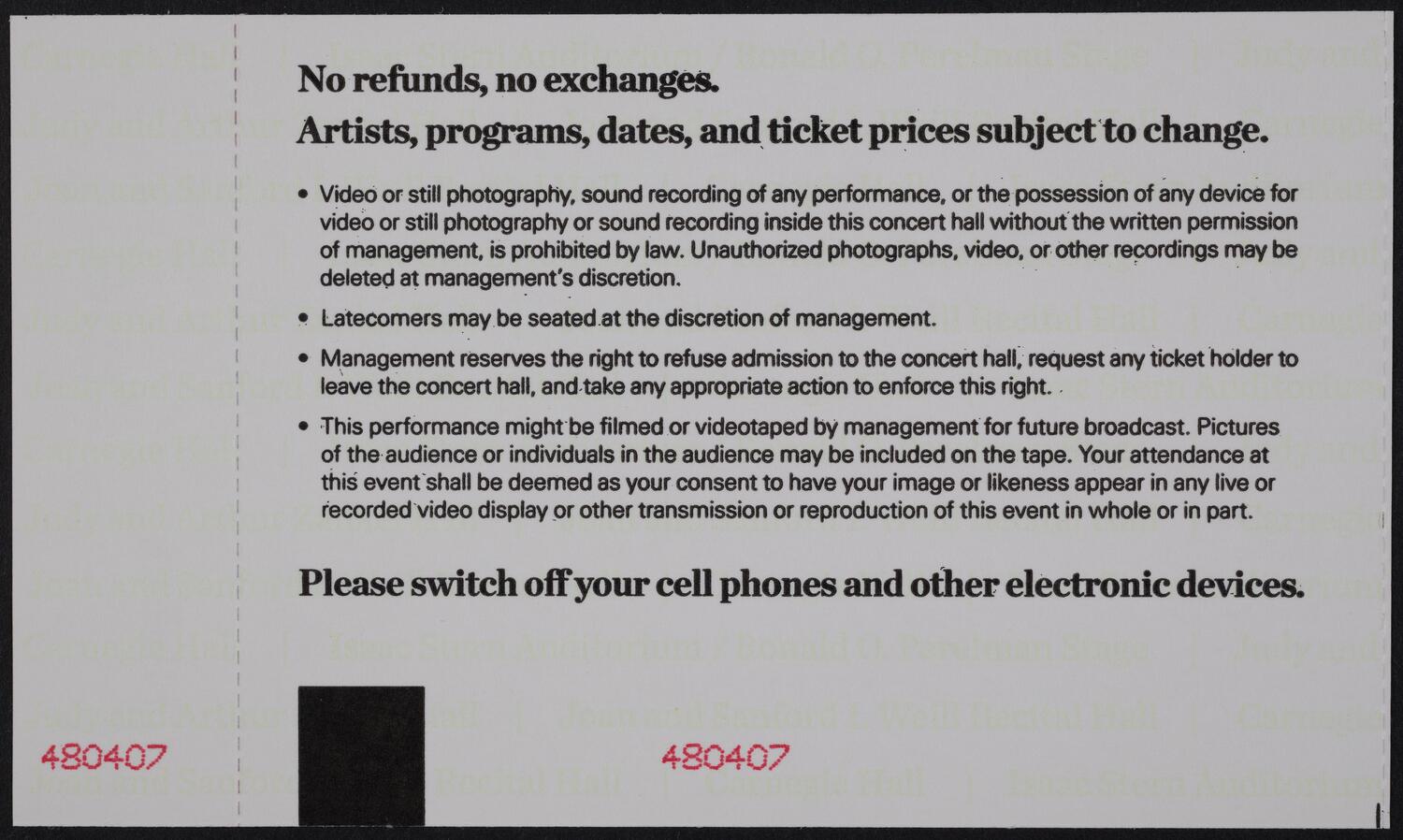 Ticket for Carnegie Hall's Opening Night Gala: The Philadelphia Orchestra, October 2, 2013 (back)