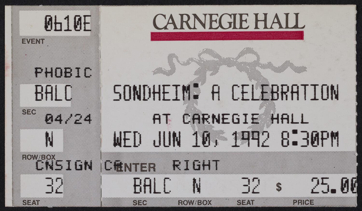 Ticket for Sondheim: A Celebration at Carnegie Hall, June 10, 1992 (front)
