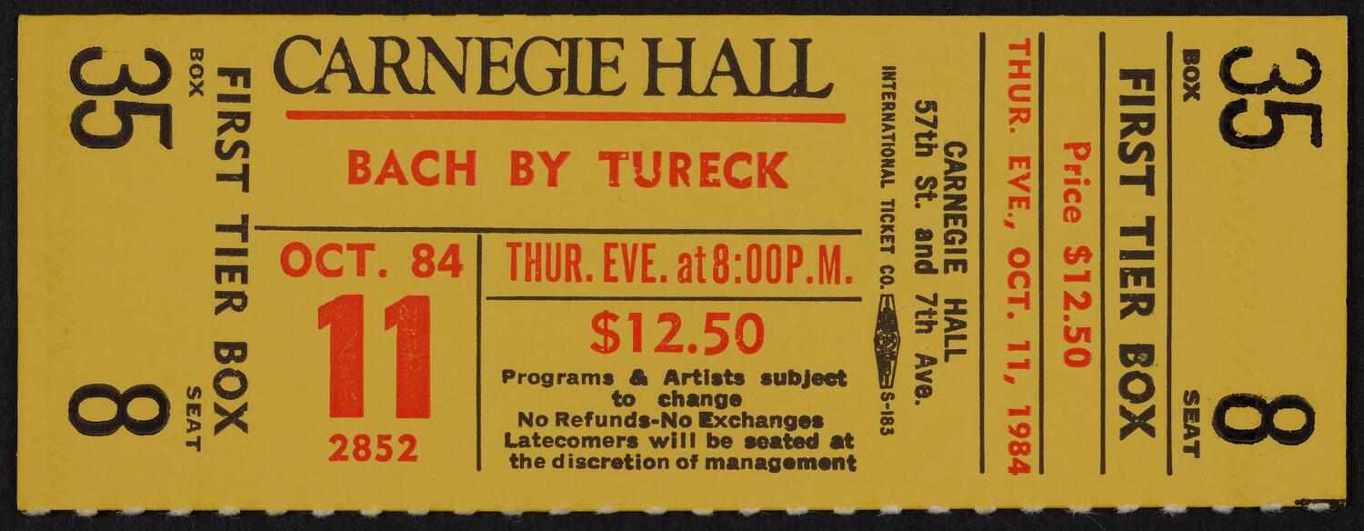 Ticket for Bach by Rosalyn Tureck, October 11, 1984 (front)