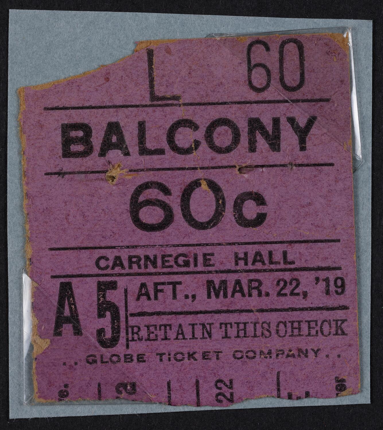 Ticket for Boston Symphony Orchestra, March 22, 1919 (front)