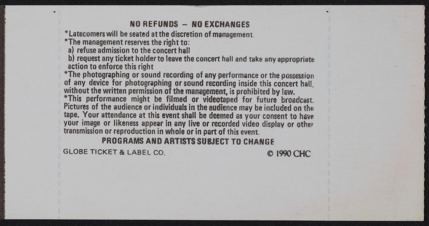 Ticket for A Gala Event: Plácido Domingo and Orchestra of St. Luke's, April 12, 1991 (back)