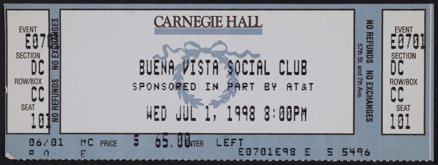 Ticket for Buena Vista Social Club, July 1, 1998 (front)