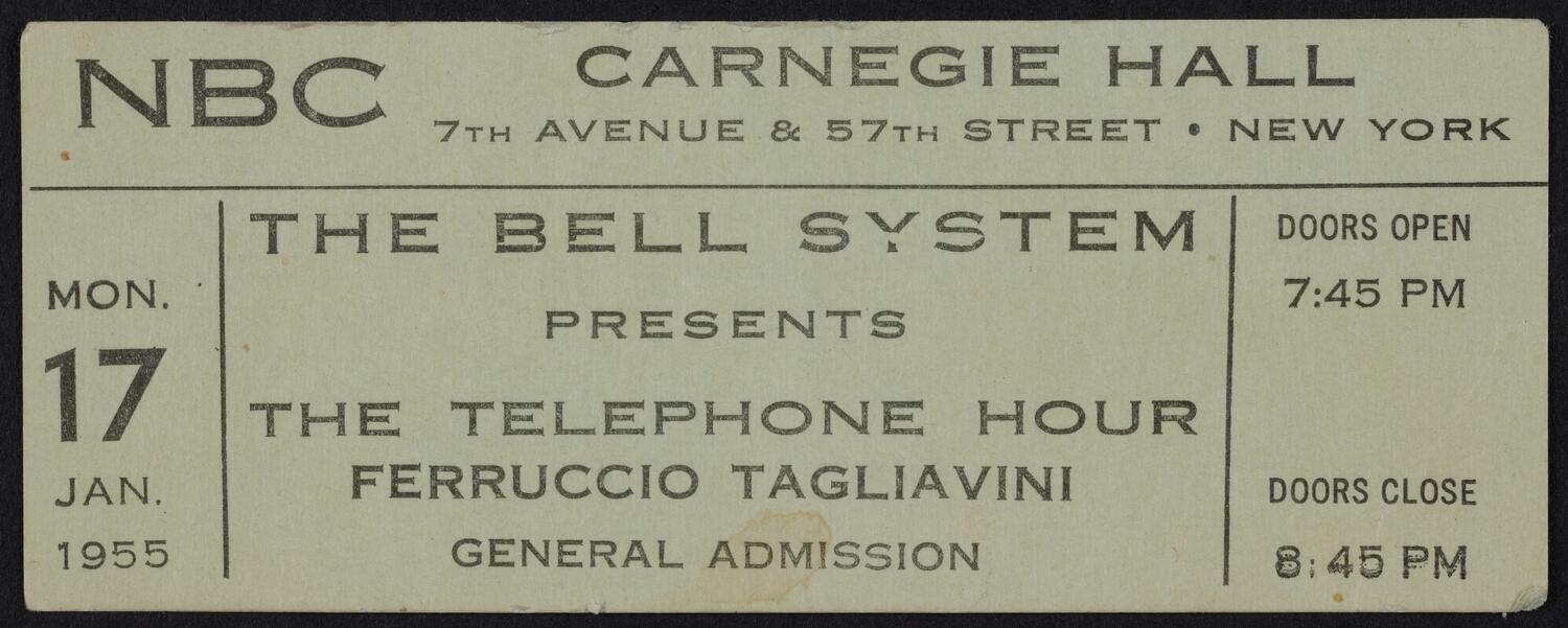 Ticket for The Telephone Hour with Ferruccio Tagliavini, January 17, 1955 (front)