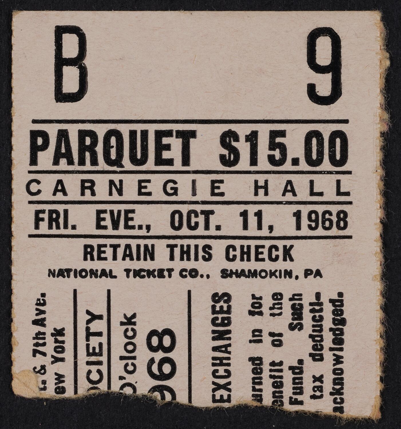 Ticket for American Opera Society, October 11, 1968 (front)