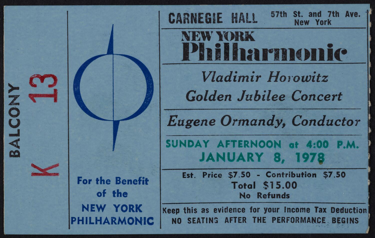 Ticket for New York Philharmonic: Vladimir Horowitz Golden Jubilee Concert, January 8, 1978 (front)