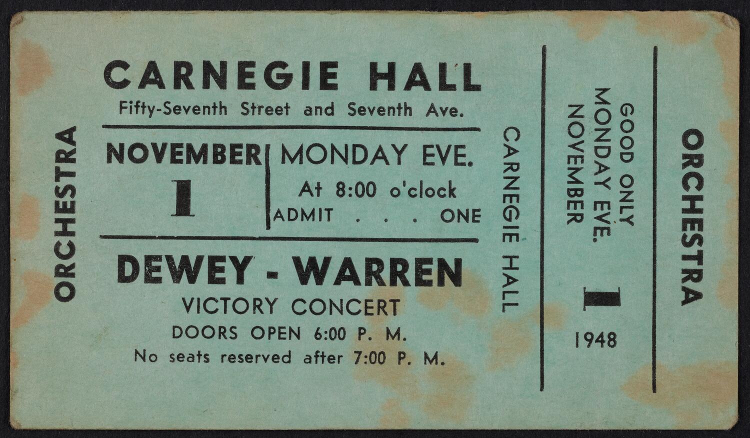 Ticket for Dewey-Warren Victory Concert and Rally, November 1, 1948 (front)
