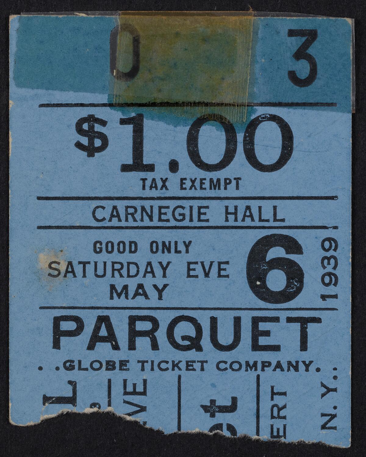 Ticket for Inter-Scholastic German Glee Club of New York, May 6, 1939 (front)