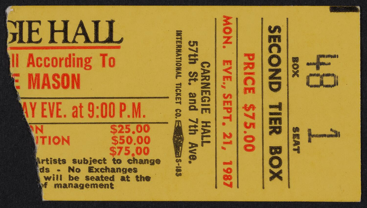Ticket for The World According to Jackie Mason, September 21, 1987 (front)