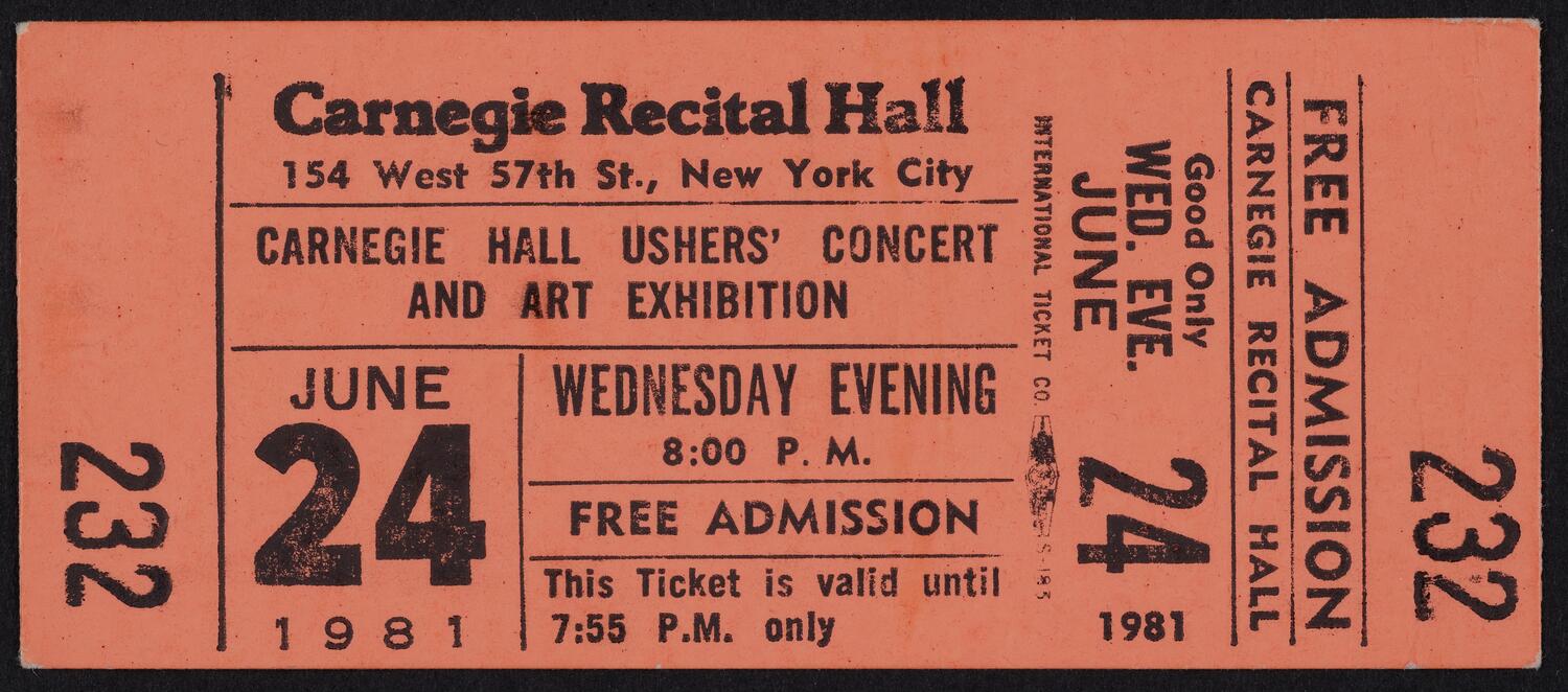 Ticket for Carnegie Hall Ushers' Concert and Art Exhibition, June 24, 1981 (front)