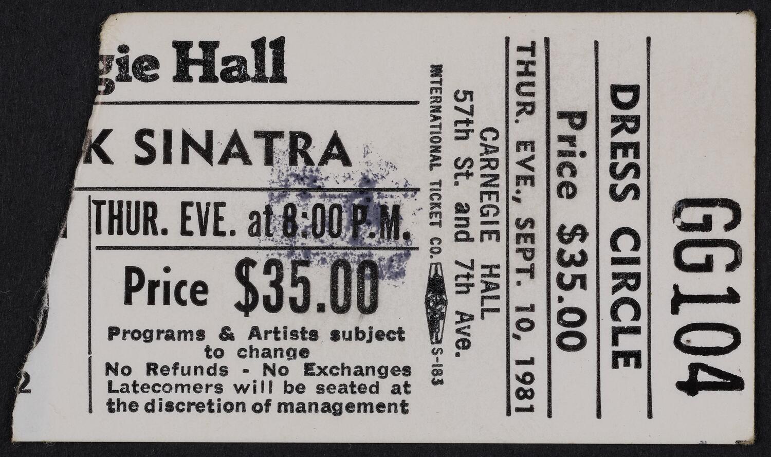 Ticket for Frank Sinatra, September 10, 1981 (front)